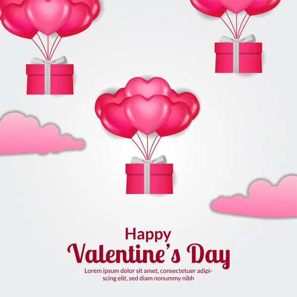 Ιπτάμενο Μπαλόνι Καρδιά Ηλίου Φέρει Valentine Κουτί Δώρου Ροζ Σύννεφο — Διανυσματικό Αρχείο