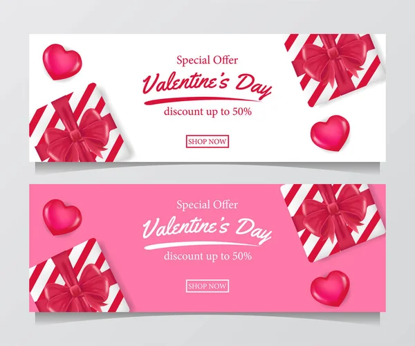 Valentine Day Sale Offer Banner Template Heart Shape Present Box — Stock Vector