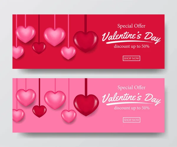 Висячі Червоно Рожеві Символи Форми Серця Продажу Валентинки Пропонують Шаблон — стоковий вектор