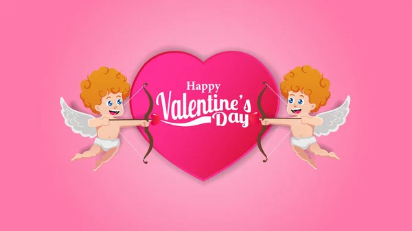 Twin Cupid Cartoon Character Big Pink Heart Shape Illustration Valentine — Stock Vector