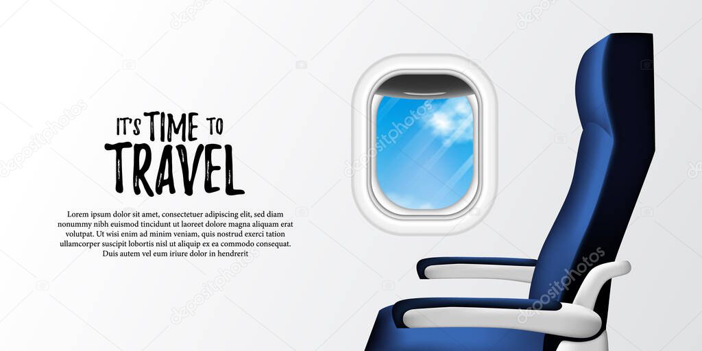 it's time to travel poster banner template. illustration of inside plane cabin with seat and porthole window with blue sky view. vacation tourist ads