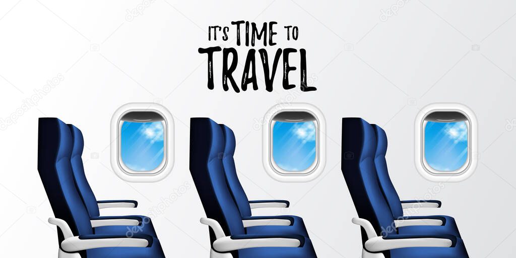 it's time to travel poster banner template. illustration of inside plane cabin with seat and porthole window with blue sky view. vacation tourist ads