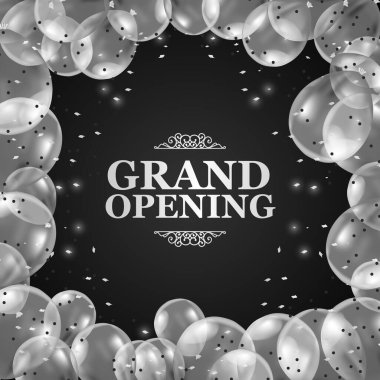 Büyük açılış poster sosyal medya şablonu için konfeti çerçeve sınırına sahip 3d gümüş şeffaf balonlar ve siyah arkaplan