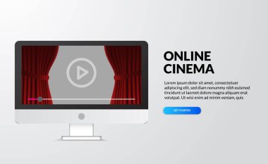İnternet sineması, video ve film ev konseptinde cihazla birlikte yayınlanıyor. Kırmızı perde sahnesi olan bilgisayar masaüstü ekranı ve simge tuşunu çal. İniş sayfası illüstrasyonu
