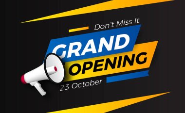 grand opening event promotion with 3d megaphone. poster banner template clipart