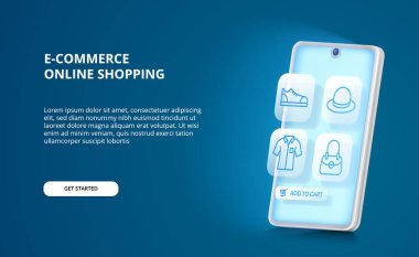 3D akıllı telefon ışıltısı uygulaması online alışveriş e-ticaret konsepti mavi taslak moda ikonu satın alıp satmak için. İniş sayfası illüstrasyonu