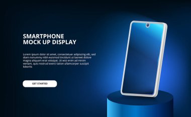 Parlak ışık ve karanlık arkaplan ile modern zarif ekran 3D akıllı telefon modeli. İniş sayfası illüstrasyonu