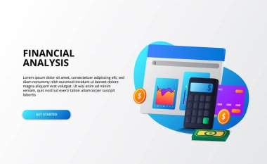 Büyüyen pazar ekonomisi, analiz ve denetleme ve danışmanlık sektörü konsepti. İniş sayfası şablonu için 3d hesap makinesi, para, grafik, kredi kartı