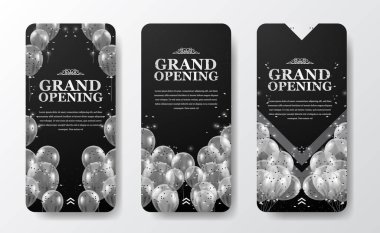 Konfeti ve koyu arkaplan ile uçan şeffaf gümüş balon pazarlama için etkinlik sosyal medya hikayeleri şablonu