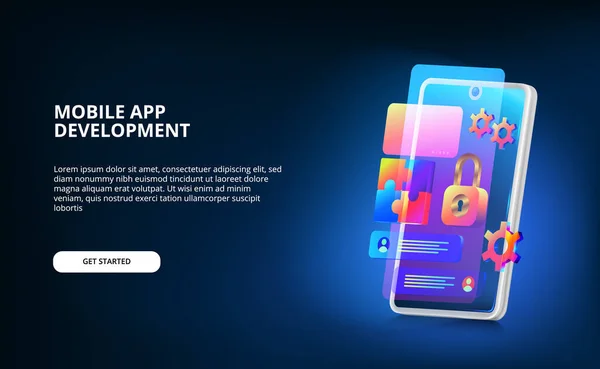 Ekran ui tasarımlı modern mobil uygulama geliştirme, asma kilit, ve neon gradyan renkli dişli sistem ve parlayan ekranlı 3D akıllı telefon. İniş sayfası illüstrasyonu