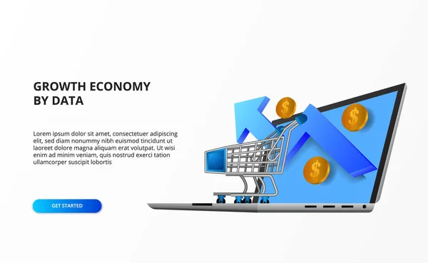 Wzrost Gospodarki Online Zakupy Koncepcja Ilustracją Wózka Laptop Komputer Strzałka — Wektor stockowy