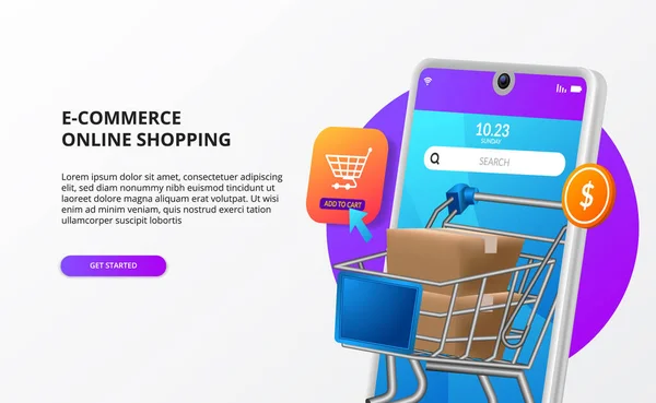 Mobil e-ticaret iniş sayfası konseptinde çevrimiçi alışveriş. Dijital pazarlama promosyonu. Paket tramvay arabasıyla üç boyutlu telefon illüstrasyonu.