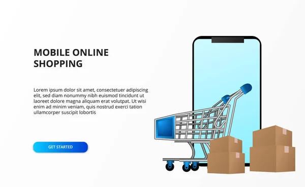 Online Shopping Concept Smartphone Τρόλεϊ Και Χαρτόνι Απεικόνιση Σελίδας Προορισμού — Διανυσματικό Αρχείο