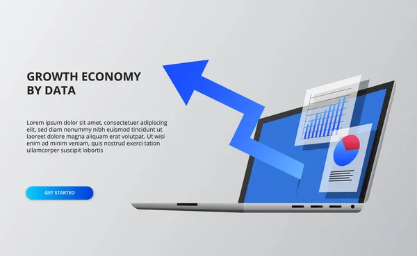 Mavi ok ekonomisi büyümesi. Mali ve infografik veriler. Perspektif izometrik olan 3D aç dizüstü bilgisayar.