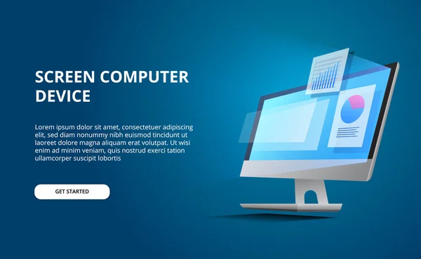 Computerdesktop Mit Isometrischer Perspektive Und Glühbildschirm Anzeigecomputer Mit Infografik Und — Stockvektor