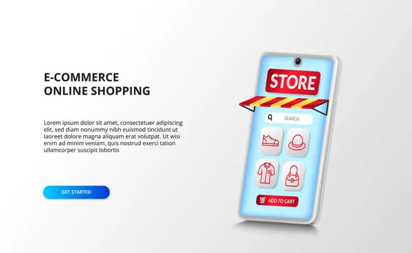 Commerce Και Online Shopping App Στην Προοπτική Smartphone Κόκκινο Περίγραμμα — Διανυσματικό Αρχείο