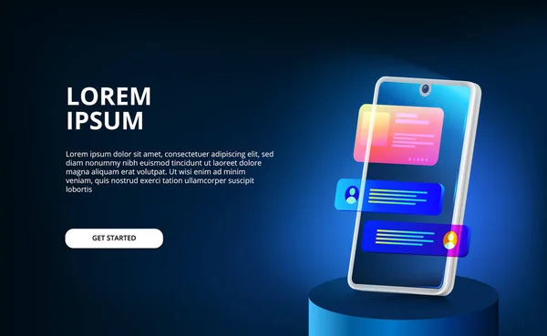 Kabarcık sohbeti ve karanlık arkaplan için 3D modern neon renk gradyan ekran akıllı telefon ui tasarım şablonu. İniş sayfası illüstrasyonu
