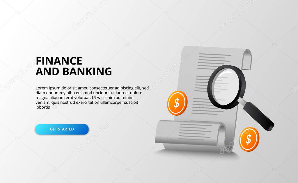 bills for finance banking accounting concept with magnifying glass search tracking with 3d golden coin dollar. landing page template