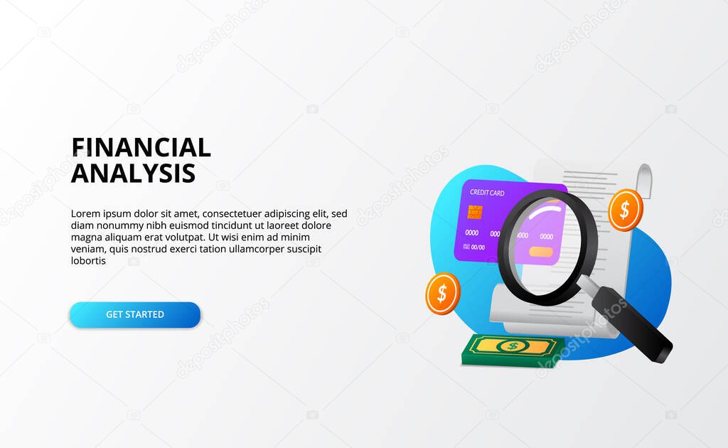 auditing finance analysis concept. economy business concept. magnifying glass, bils, credit card, money 3d fun modern gradient landing page template