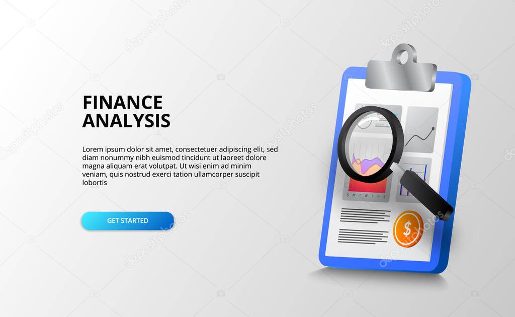 report data chart analysis with clipboard and magnifying glass for audit, accounting and check for finance, banking, business, and office. landing page template
