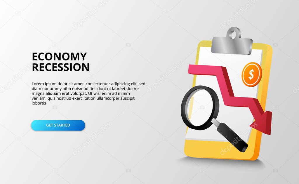 economy depression and recession financial crisis analysis concept with clipboard, magnifying glass, and dollar coin. landing page template