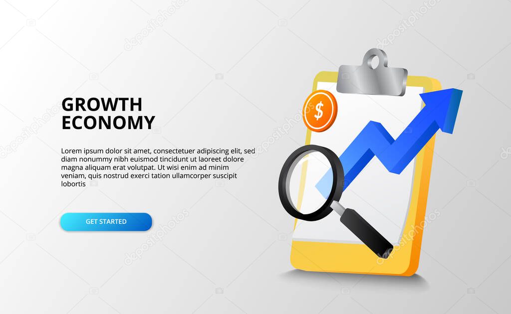 growth economy and business for future and forecast concept with illustration of blue arrow, magnifying glass, golden coin. landing page illustration