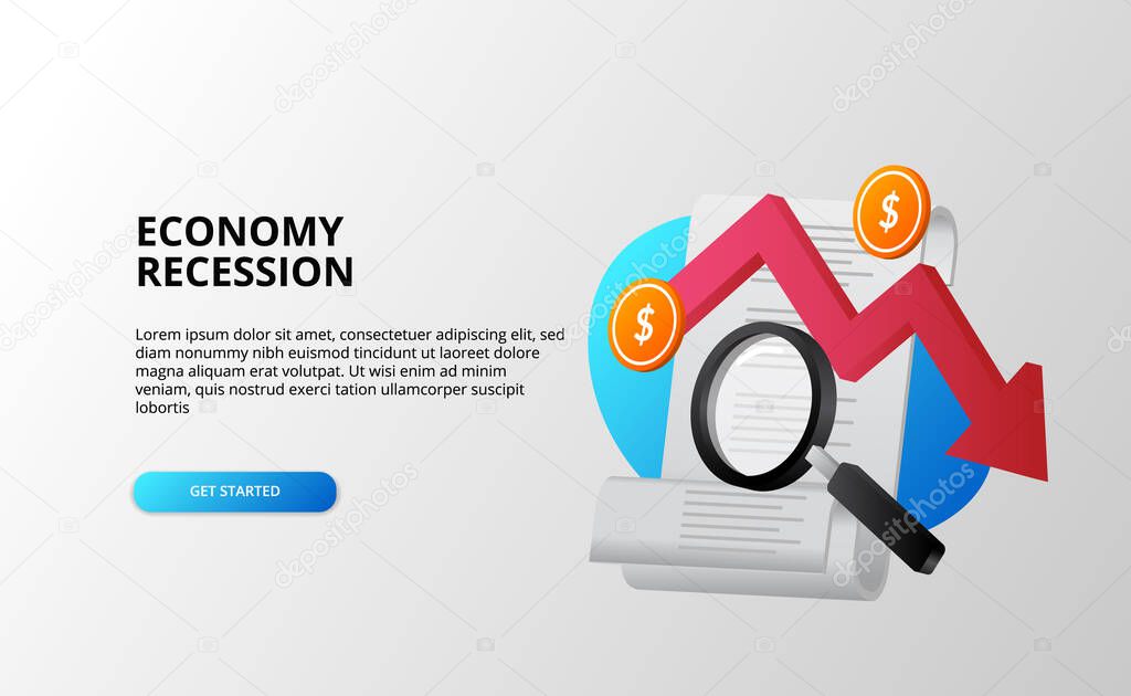 economy depression and recession financial crisis analysis concept with downtrend red arrow bills, magnifying glass, and dollar coin. landing page template