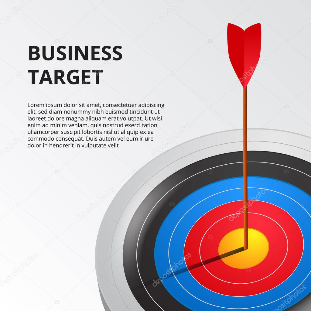 Successful archery single arrow on 3D target board. business goal achievement illustration concept. poster banner template