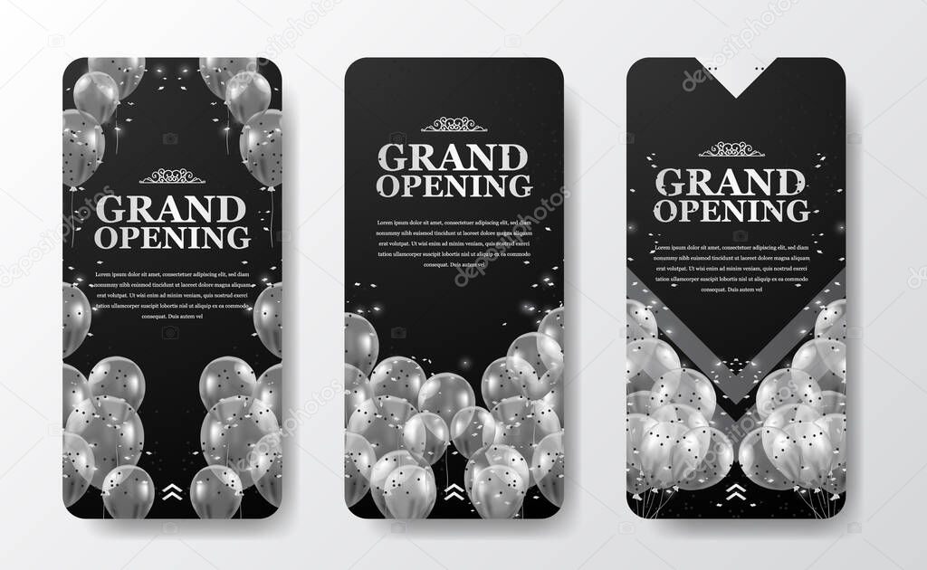 elegant luxury grand opening or reopening event social media stories template for announcement marketing with flying transparent silver balloon with confetti and dark background