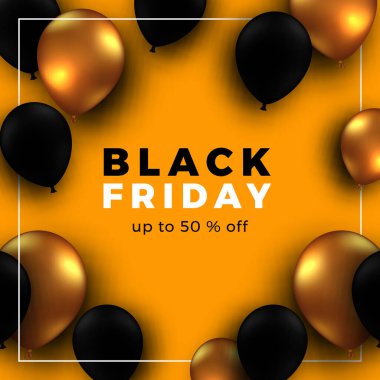 Kara Cuma indirimi 3D uçan helyum altın ve siyah balonla pankart şablonu sunar