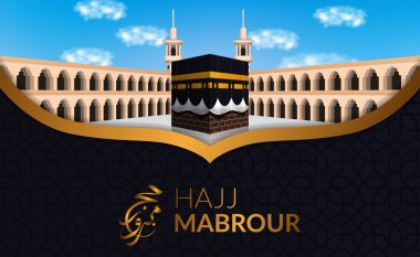 Hacı ya da umrah mabrur için altın Arap kaligrafi ve kabe gerçekçi illüstrasyonlu tebrik kartı. İslam için Mekke 'ye hacca gitmek.