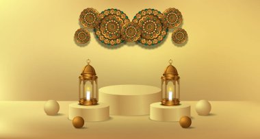 Ramazan için 3D silindir podyum ürün görüntüsü. Altın fener lambası ve mandala süslemesi 3D resimli.