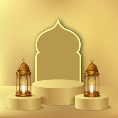 Lüks, zarif ramazan tebrik kartı, podyum ürün sergisi ve 3D altın fener dekorasyonu.