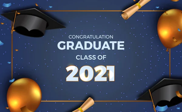 2021 mezuniyet partisi davetiyesi 3D altın balon, mezuniyet şapkası ve koyu mavi arka planlı konfeti.