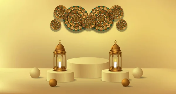Ramazan için 3D silindir podyum ürün görüntüsü. Altın fener lambası ve mandala süslemesi 3D resimli.