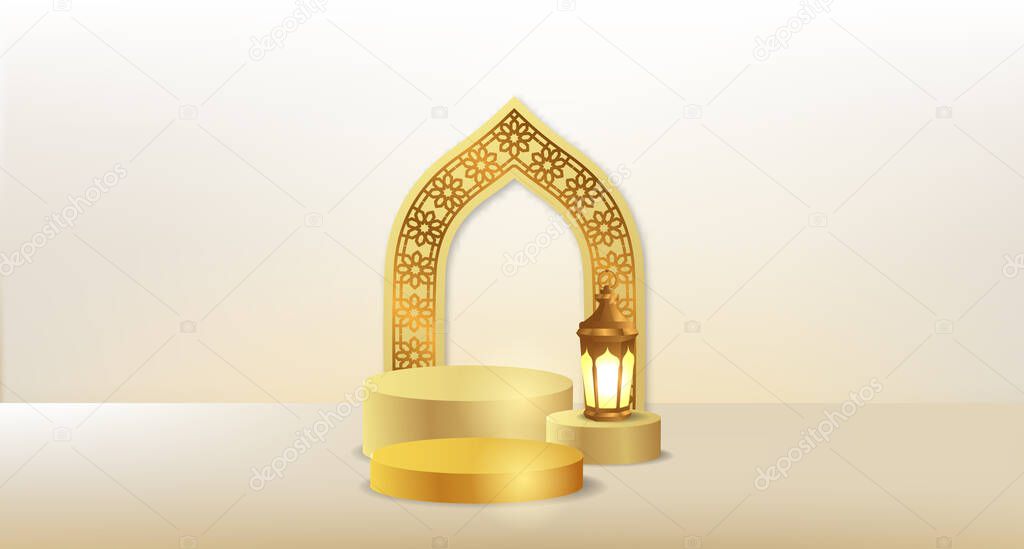 Simple 3d podium pedestal stage with arabian lantern and mosque door decoration for ramadan islamic event with white background