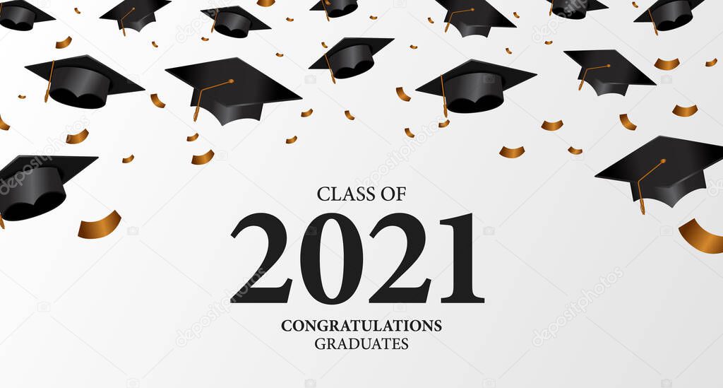 Class of 2021. congratulation of graduation with 3d falling diploma cap and confetti. education academy school learning with white background