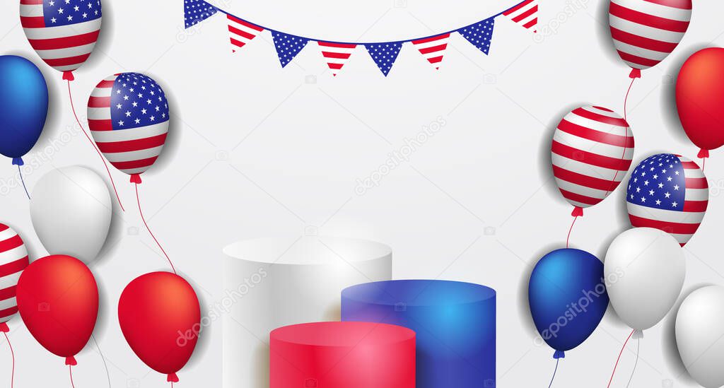 colorful 3d podium stage product display with flying helium balloon decoration with american flag color for promotional banner with white background