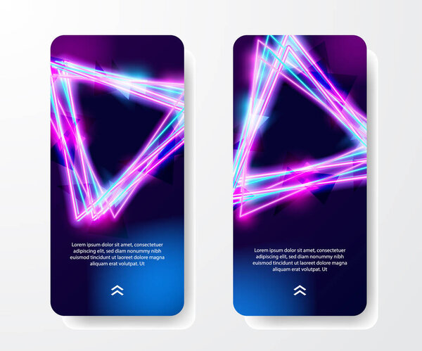 social media stories template. cool retro vintage 80s triangle neon color and bright glowing effect for nightlife with dark background