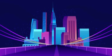 Şehir merkezi gökdeleni şehir, şehir, retro, modern manzara ve karanlık gece arkaplanı için sokak illüstrasyonları.