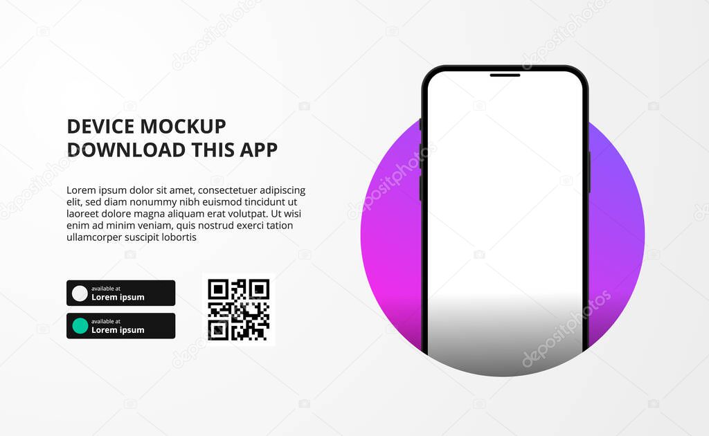 landing page banner advertising for downloading app for mobile phone, 3D smartphone device mockup. Download buttons with scan qr code template. with white background