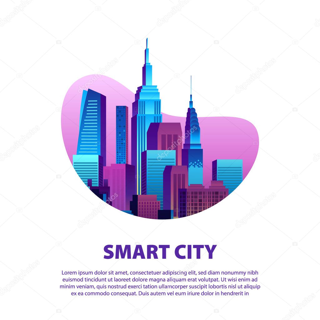 Concept of smart city illustration with modern pop colorful big city urban building skyscraper with gradient color and white background