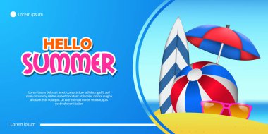 Merhaba yaz tatili afişi. Sörf tahtası, şemsiye ve mavi arkaplanlı top manzaralı.