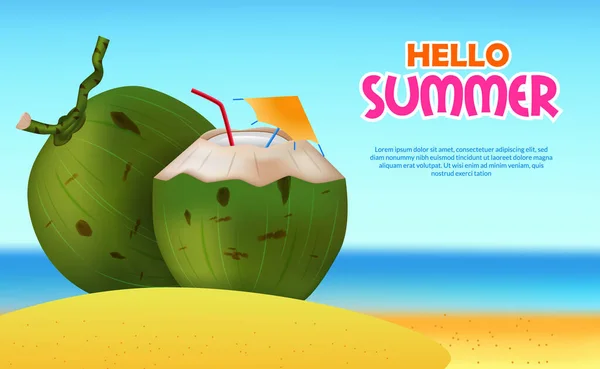 Hello Summer Banner Card Realistic Coconut Drink Water Fruit Beach — Stock Vector