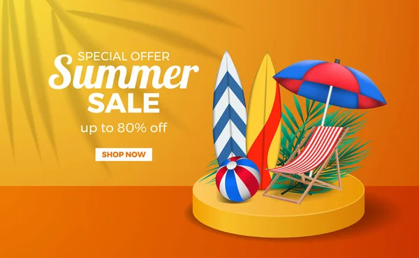 夏季销售海报横幅模板 舞台橙色 带有冲浪板 球和椅子的暖色调 — 图库矢量图片