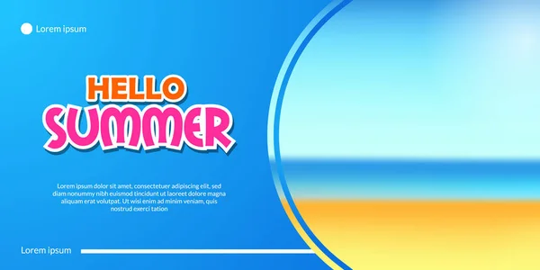 Hello Summer Banner Vacation Sand Beach Coast Landscape Illustration Blue — Stock Vector