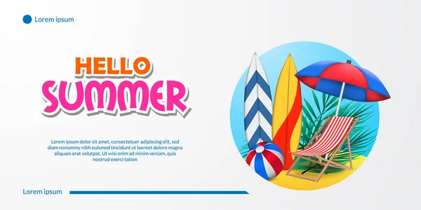 Hello Summer Banner Vacation Sand Beach Coast Surfboard Umbrella Chair — Stock Vector