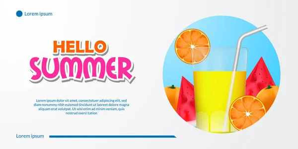 Hello Summer Banner Fruit Tropical Juice Beverage Orange Watermelon Illustration — Stock Vector