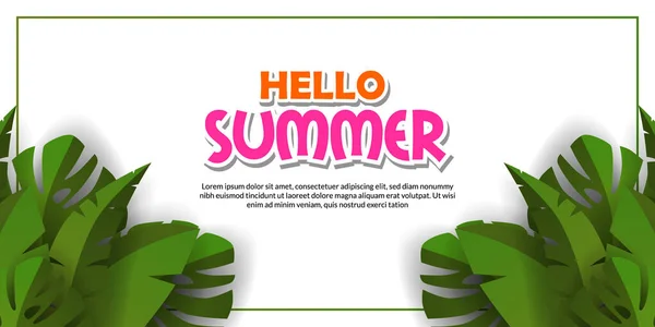 Happy Hello Summer Banner Template Illustration Frame Tropical Green Leaves — Stock Vector