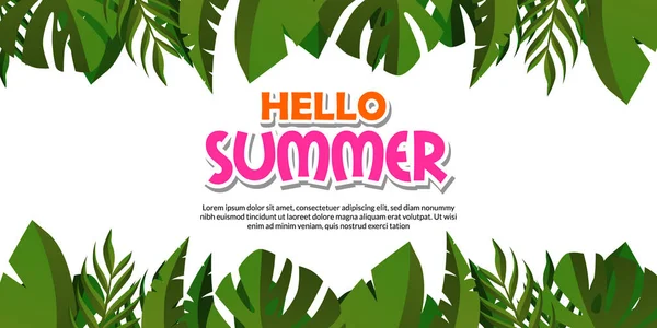 Happy Hello Summer Banner Template Illustration Frame Tropical Green Leaves — Stock Vector